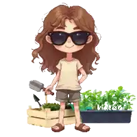 a girl wearing sunglasses is holding a shovel in front of a planter of plants