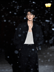 a young man wearing a black jacket and white tank top stands in the snow