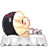 a pixel art illustration of a girl laying on a bed .