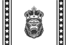 a black and white drawing of a gorilla with a crown on