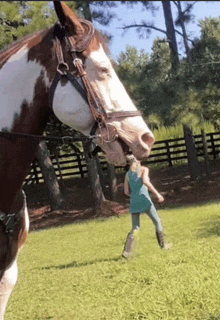 a woman in a blue shirt is standing next to a brown and white horse