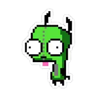 a pixel art of a green monster with horns and a pink tongue sticking out .