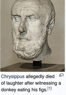 chrysippus allegedly died of laughter after witnessing a donkey eating his figs . [ 1 ]