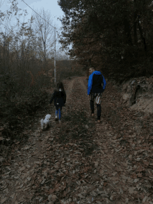 a man and a girl are walking a dog down a dirt path