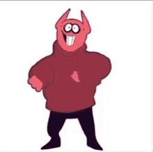 a cartoon character wearing a red hoodie and black pants is standing in front of a white background .