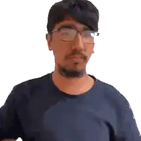 a man wearing glasses and a blue shirt is looking at the camera