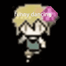 a pixel art of a person dancing with the words funny dancing above them .