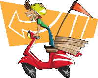 a cartoon of a man riding a scooter with pizza boxes on it