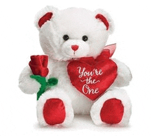 a white teddy bear is holding a red rose and a red heart .