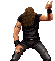 a pixel art of a man with long hair making a horns sign