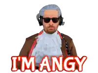 a man in a costume with the words i 'm angy behind him