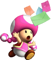 a pink toad with a bunch of envelopes on her head