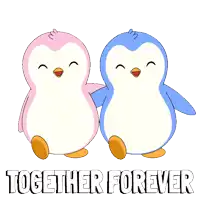 a couple of penguins standing next to each other with the words together forever