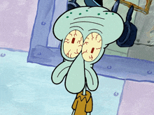 squidward from spongebob squarepants is wearing headphones and looking at something