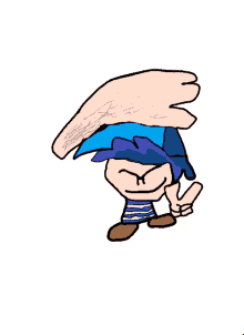 a cartoon character with a blue hat and a hand on his head is giving a peace sign .