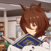 a brown haired anime character is reading a book called flying birds