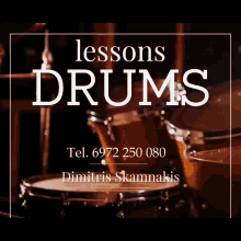 an advertisement for lessons in drums shows a drum set