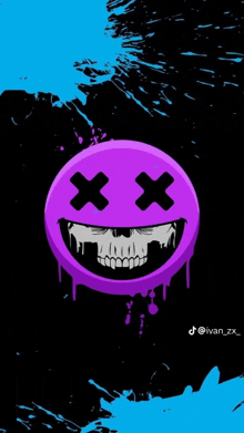 a purple smiley face with a skull on it 's face on a black and blue background .