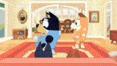 two cartoon dogs are standing next to each other on a rug in a living room