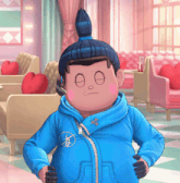 a cartoon character is wearing a blue hoodie with a chinese symbol on the sleeve