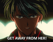 a close up of a person with the words get away from her on the bottom