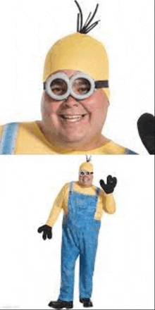 a man in a minion costume is smiling and waving at the camera .