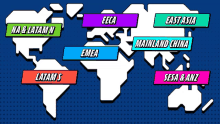 a map of the world showing eeca mainland china latam s and sesa & anz