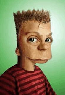 a close up of a cartoon character 's face with a striped shirt on