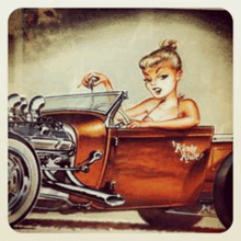 a painting of a woman in a car that says kinky ride on it