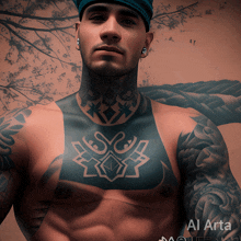 a man with a tattoo on his chest is wearing a blue hat and earrings