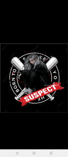 a girl is sitting in a circle with two bats and the word suspect on it