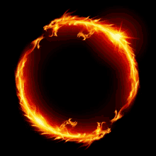 a circle of fire with two dragons inside of it on a black background