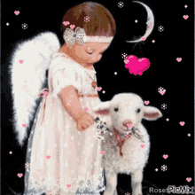 a little girl with angel wings is standing next to a baby sheep .