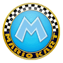 a blue mario kart logo with a checkered pattern on it