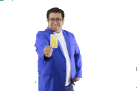 a man in a blue jacket is holding up a stack of twenty dollar bills