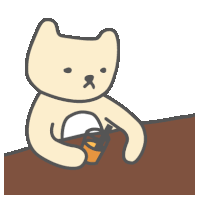 a cartoon cat is sitting at a table holding a cup of coffee