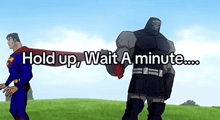 a cartoon of superman carrying a cape while standing next to a giant superhero