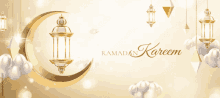 a ramadan kareem greeting card with gold lanterns and a crescent moon