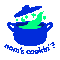 a logo for nom 's cookin ' with a blue pot and green beans