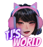 a girl wearing cat ears and headphones with the words tj 's world behind her