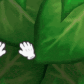 a pair of white gloves are sticking out from behind a green leaf