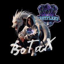 a woman in a white hoodie sits next to a white dragon and a logo that says bestlend