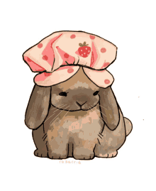 a drawing of a rabbit wearing a pink hat with a strawberry on it