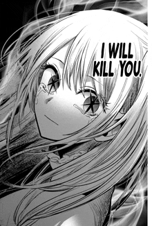 a black and white image of a girl with the words " i will kill you " on her face