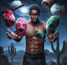 a shirtless man is juggling a bunch of hats and masks in a desert .