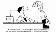 a cartoon of a man sitting at a desk talking to a woman