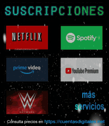 an advertisement for netflix prime video spotify youtube premium and wrestling network