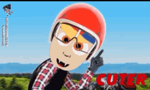 a cartoon character is wearing a red helmet and a plaid shirt with the word cuter on the bottom