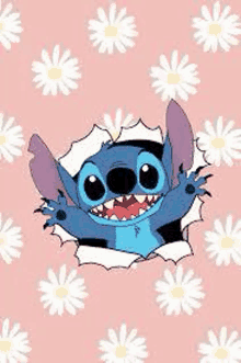 stitch is coming out of a hole in a wall with daisies in the background .