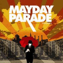 a man in a suit and hat is holding a red umbrella on a mayday parade album cover .